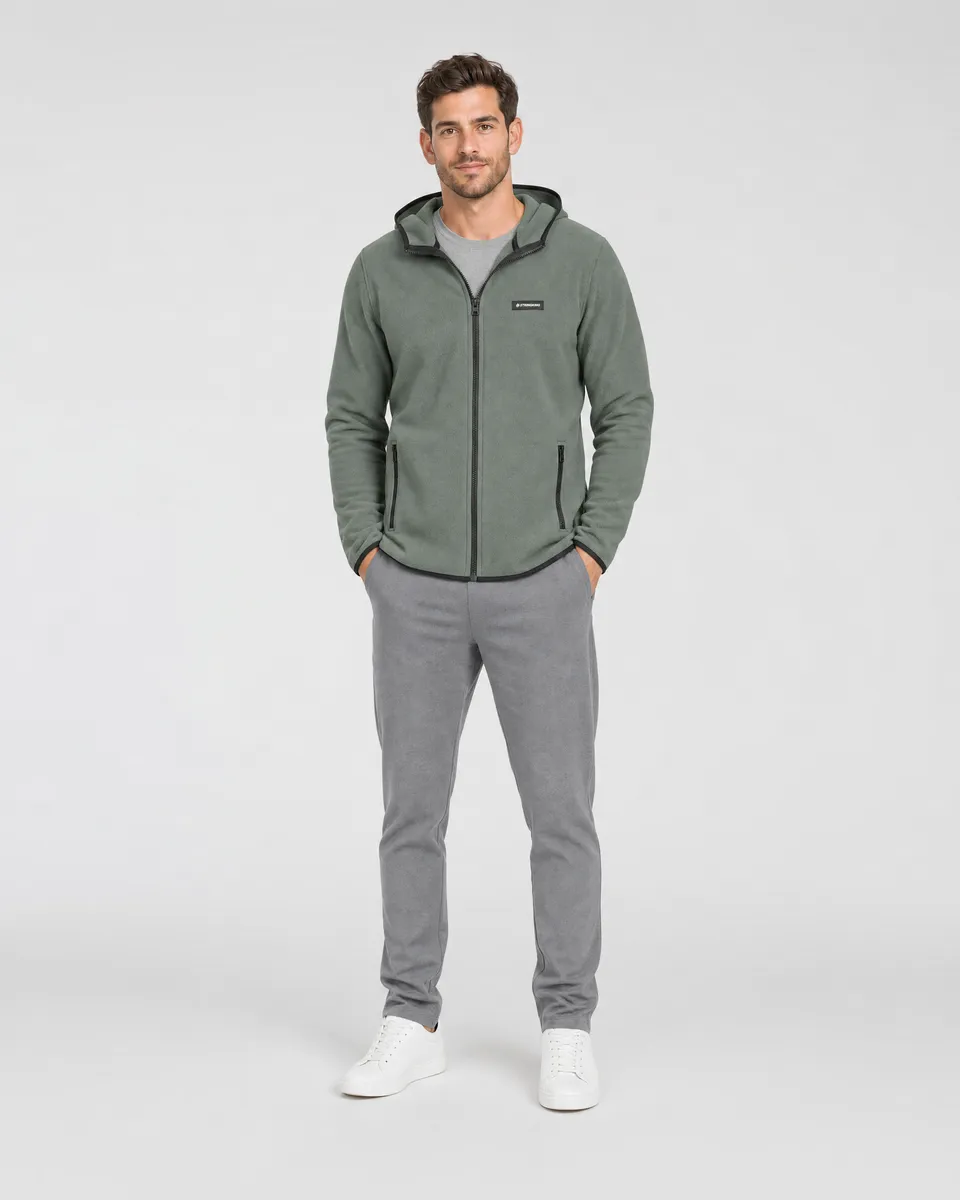 StringKing Men's Polartec Fleece Full Zip Hoodie with Pockets - Sharp Fit, Avenue Green, Full Front - Human Model
