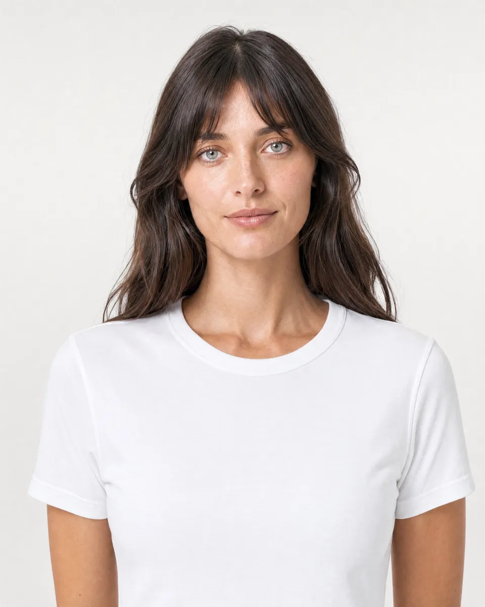 StringKing Women's Pima Jersey Tee - Sharp Fit, White, Collar Shoulder - Human Model