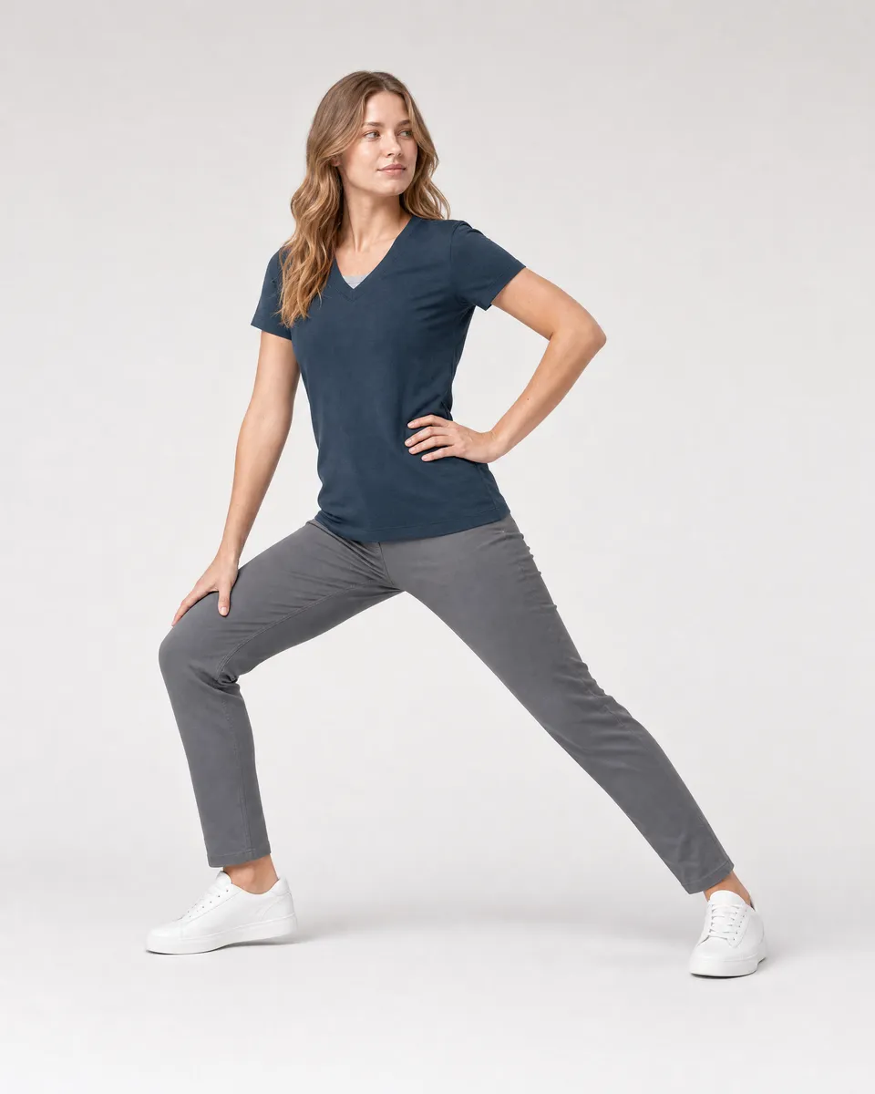 StringKing Women's Pima Terry V-Neck Tee - Sharp Fit, Navy, Full Front Angle - Human Model