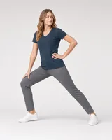 StringKing Women's Pima Terry V-Neck Tee - Sharp Fit, Navy, Full Front Angle - Human Model