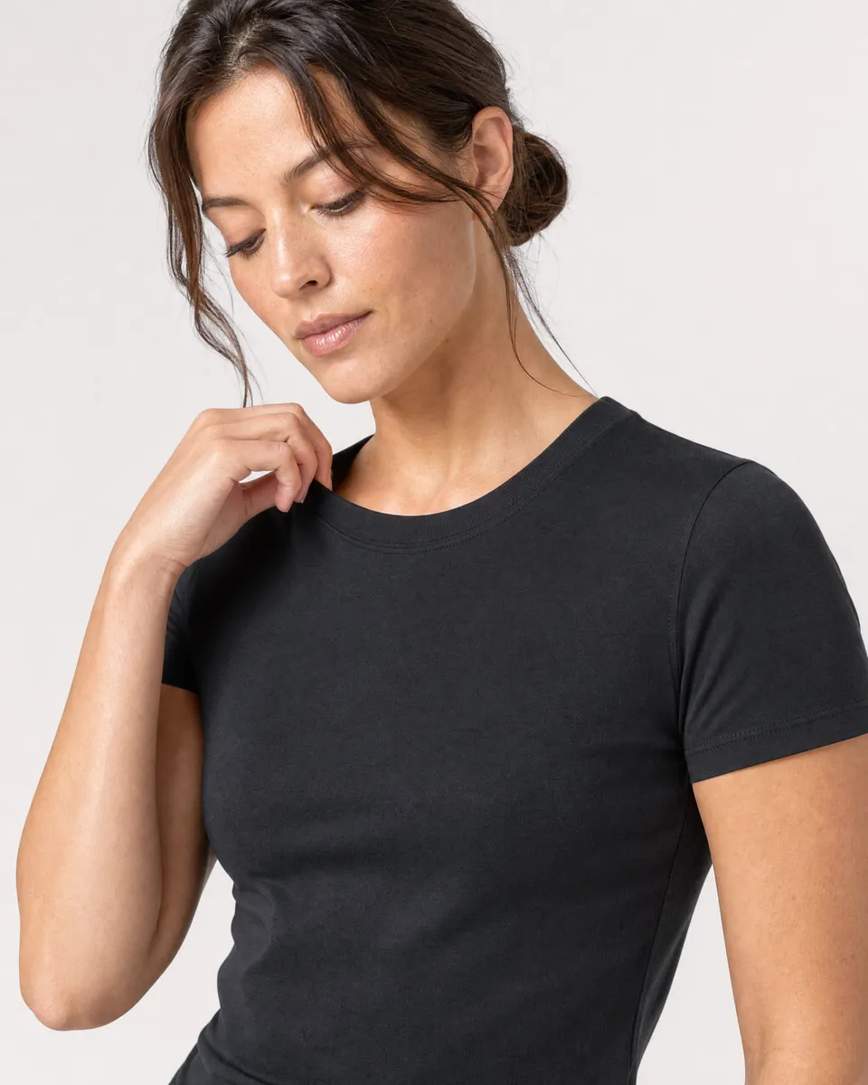 StringKing Women's Pima Jersey Tee - Sharp Fit, Black, Collar Shoulder - Human Model