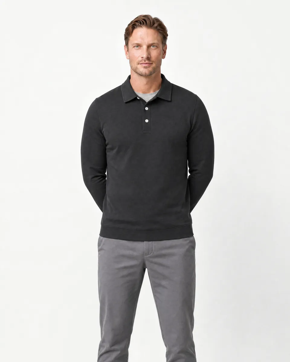 StringKing Men's Pima Terry Long Sleeve Polo - Sharp Fit, Black, Full Front - Human Model - Top of head to Knees