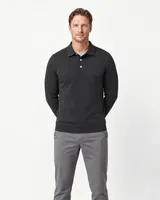 StringKing Men's Pima Terry Long Sleeve Polo - Sharp Fit, Black, Full Front - Human Model - Top of head to Knees