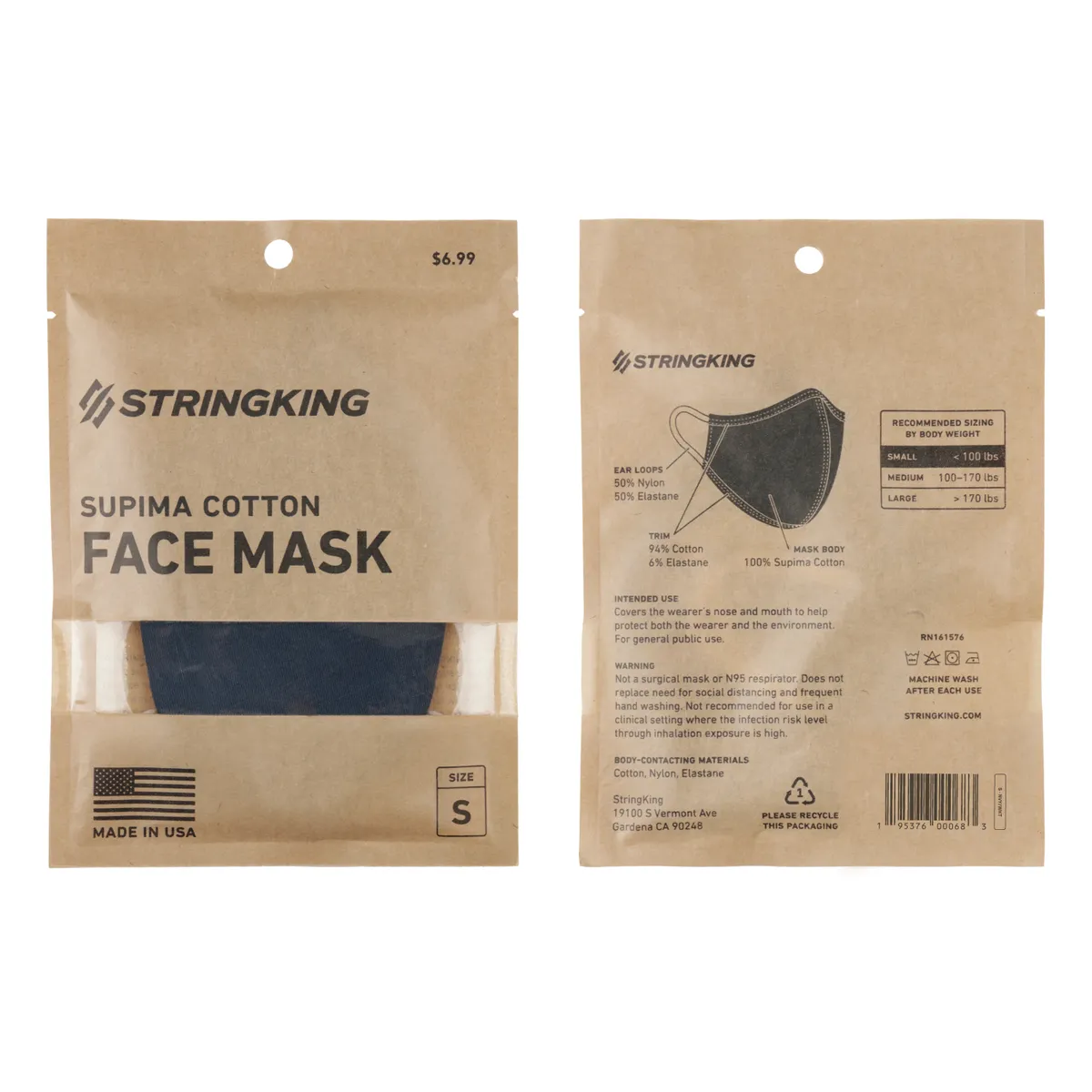 StringKing Cloth Face Mask - Standard, Single, Small, Navy, Front, Back