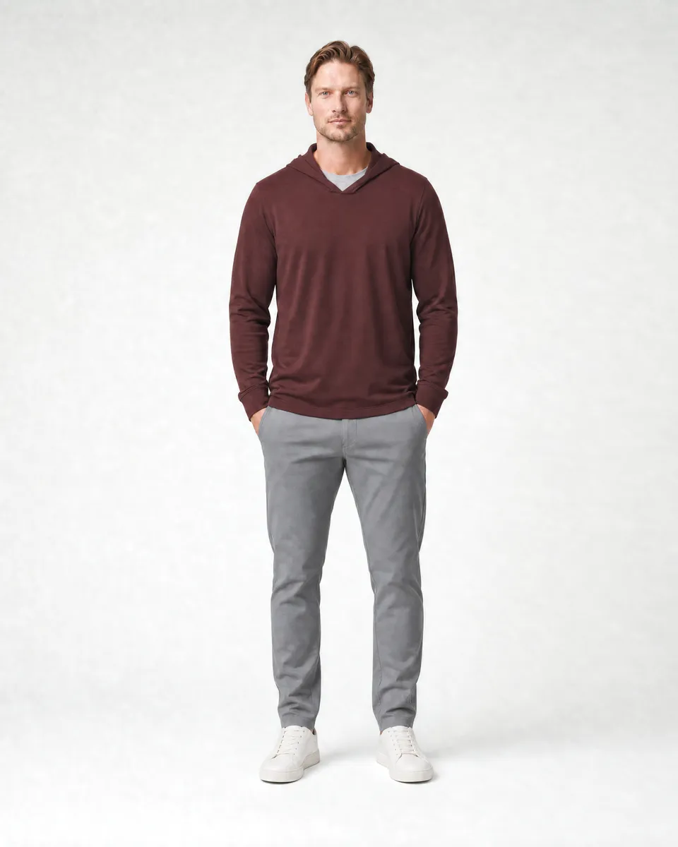 StringKing Men's Pima Jersey Hoodie - Relaxed Fit, New Maroon, Full Front - Human Model
