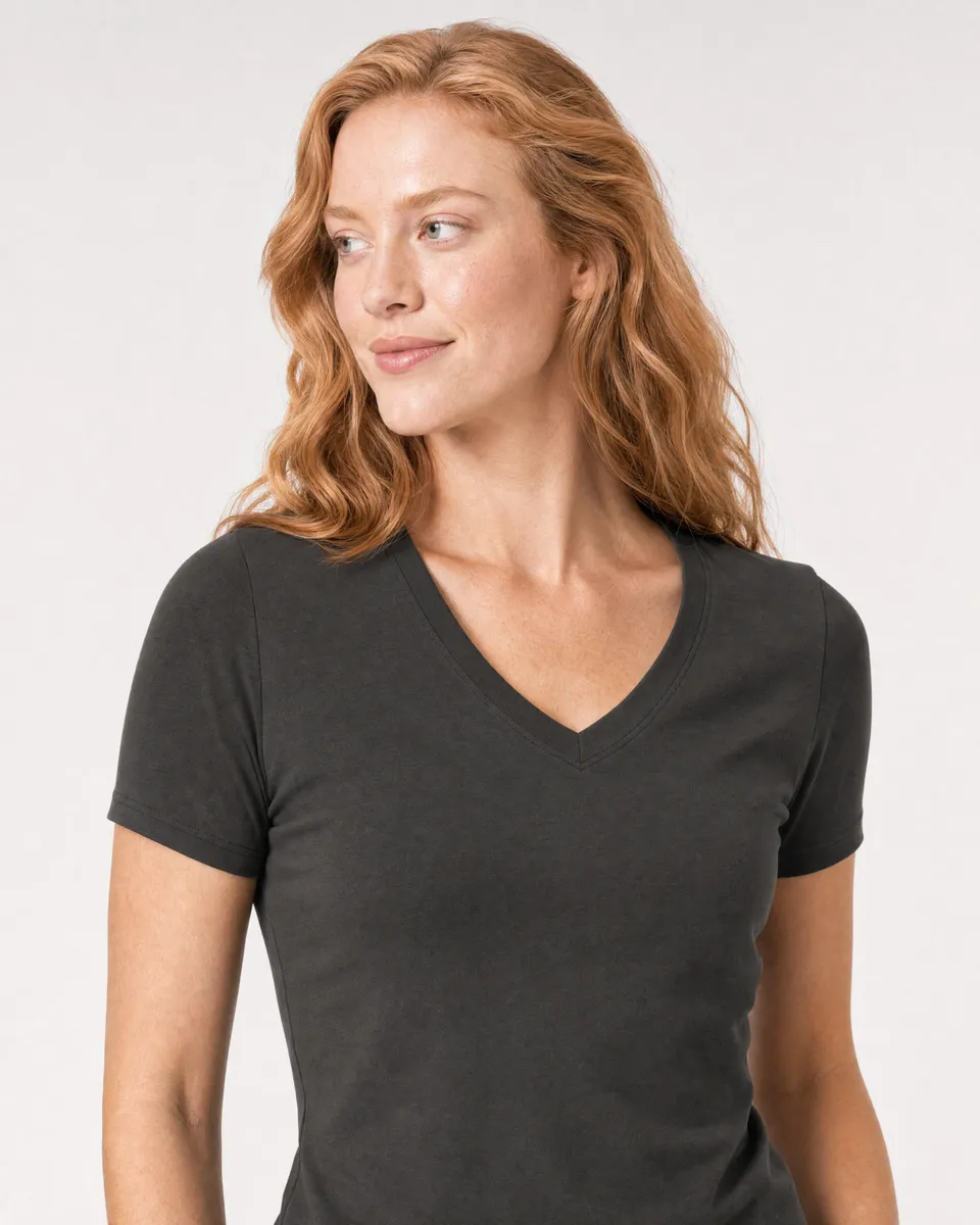 StringKing Women's Pima Jersey V-Neck Tee - Sharp Fit, Peat, Collar Shoulder - Human Model