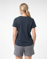 StringKing Women's Pima Terry V-Neck Tee - Relaxed Fit, Navy, Full Back - Human Model - Top of head to Mid-thigh