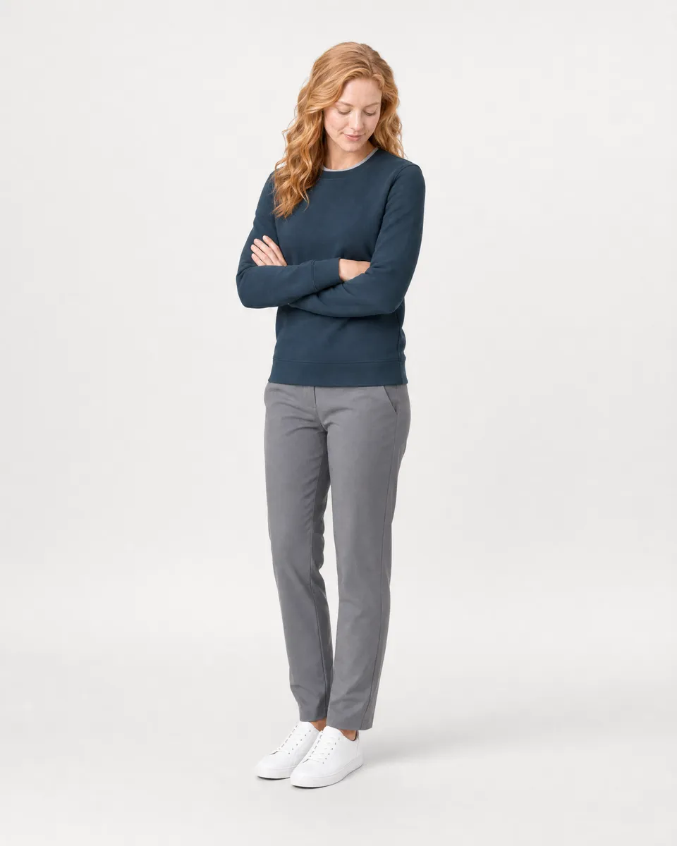 StringKing Women's Pima Terry Crew Sweater - Sharp Fit, Navy, Full Front Angle - Human Model