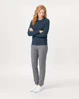 StringKing Women's Pima Terry Crew Sweater - Sharp Fit, Navy, Full Front Angle - Human Model