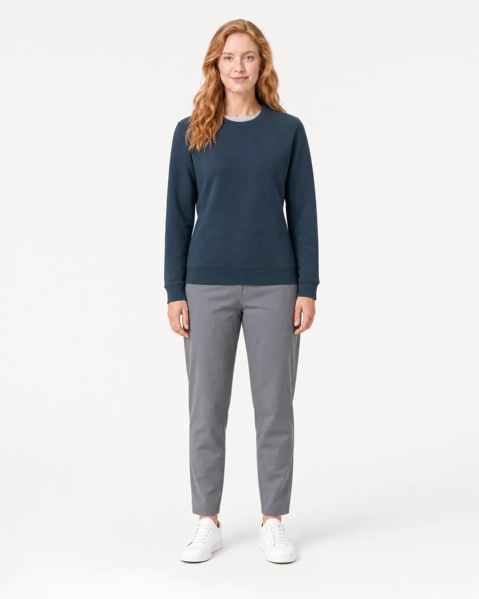 StringKing Women's Pima Terry Crew Sweater - Sharp Fit, Navy, Full Front - Human Model - Top of head to Knees