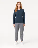 StringKing Women's Pima Terry Crew Sweater - Sharp Fit, Navy, Full Front - Human Model - Top of head to Knees