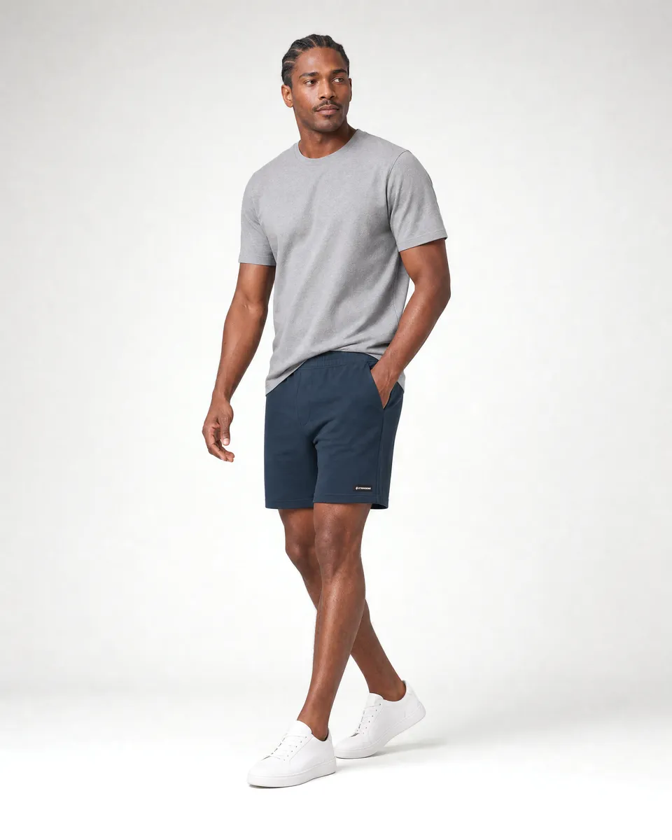 StringKing Men's Pima Terry Shorts - Relaxed Fit, Navy, Full Front Angle - Human Model
