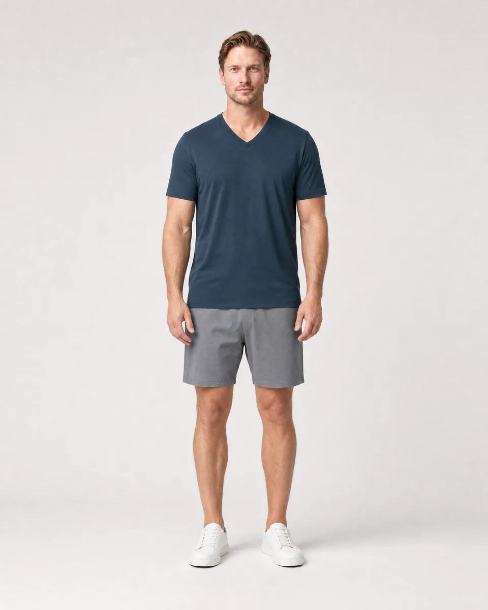 StringKing Men's Pima Jersey V-Neck Tee - Sharp Fit, Navy, Full Front - Human Model