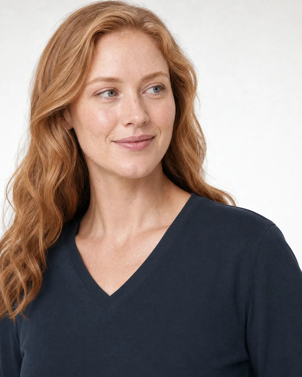 StringKing Women's Pima Terry Long Sleeve V-Neck Tee - Sharp Fit, Navy, Collar Shoulder - Human Model