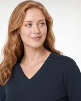 StringKing Women's Pima Terry Long Sleeve V-Neck Tee - Sharp Fit, Navy, Collar Shoulder - Human Model