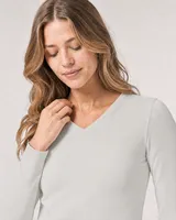StringKing Women's Pima Terry Long Sleeve V-Neck Tee - Sharp Fit, Moonstruck, Collar Shoulder - Human Model