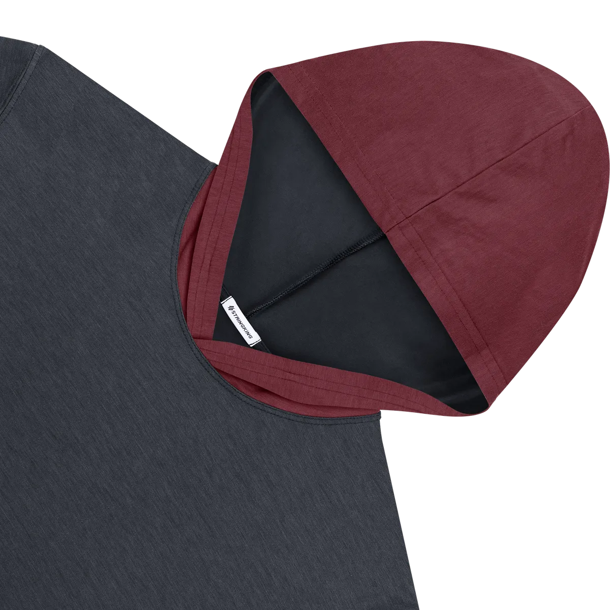 StringKing Men's FlexStyle Light Short Sleeve Hoodie 2C - Sharp Fit, India Ink Main, Rhubarb Accent, Detail