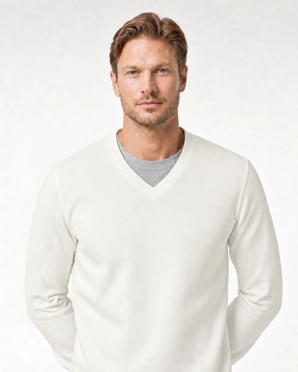 StringKing Men's Pima Terry V-Neck Sweater - Relaxed Fit, Tofu, Collar Shoulder - Human Model