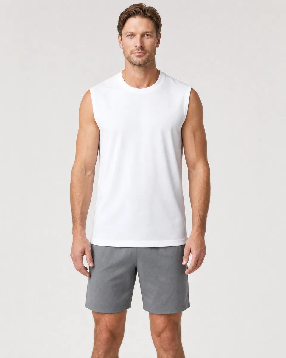 StringKing Men's StayWarm Tank Top - Sharp Fit, White, Full Front - Human Model - Top of head to Knees