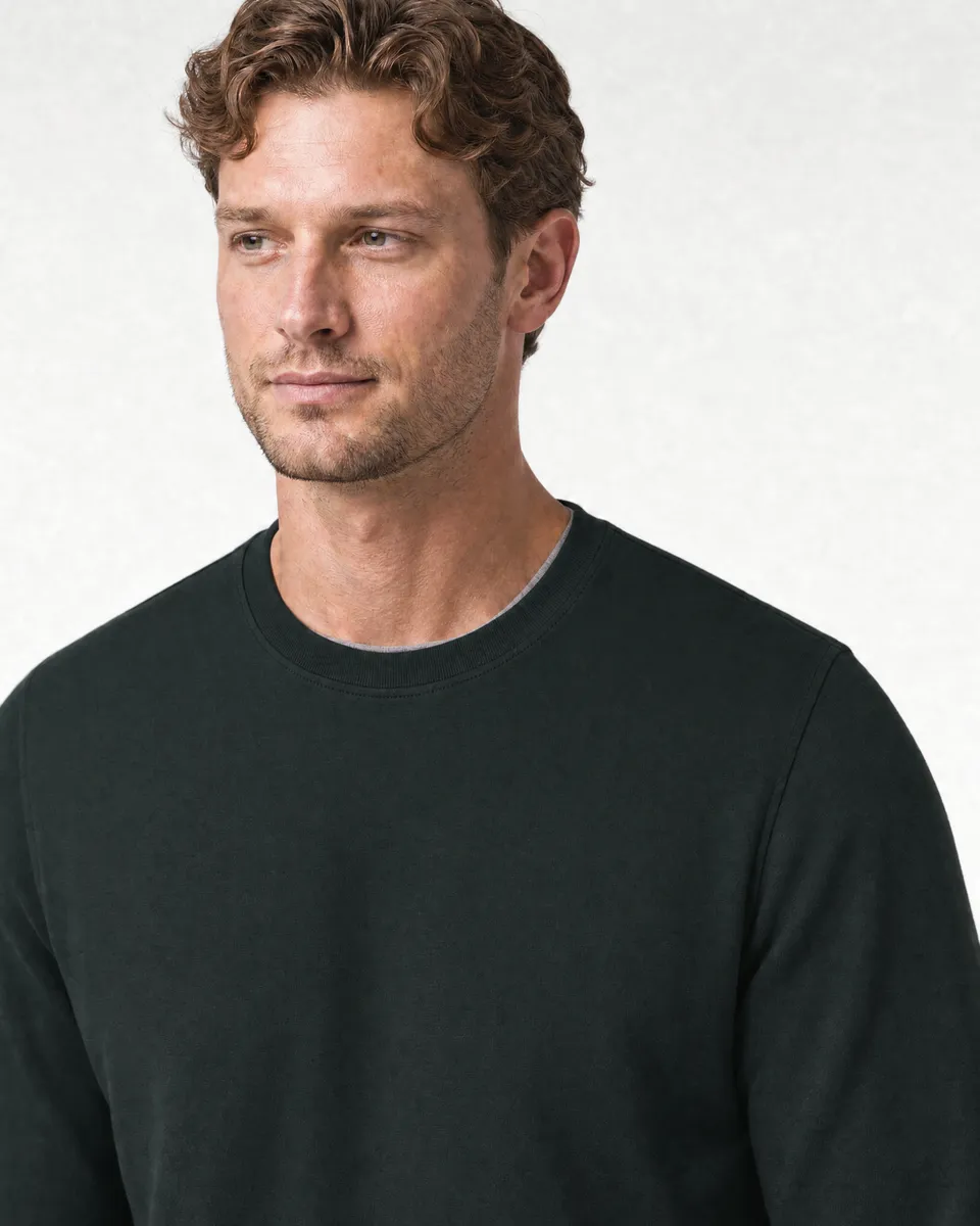 StringKing Men's Pima Terry Long Sleeve Tee - Sharp Fit, Pine Grove, Collar Shoulder - Human Model