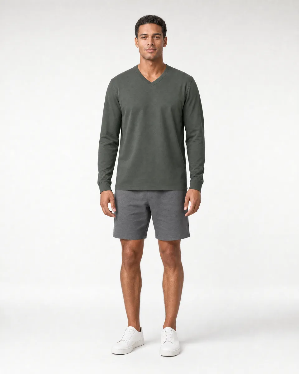 StringKing Men's Pima Terry Long Sleeve V-Neck Tee - Relaxed Fit, Moss, Full Front - Human Model - Top of head to Knees