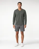 StringKing Men's Pima Terry Long Sleeve V-Neck Tee - Relaxed Fit, Moss, Full Front - Human Model - Top of head to Knees