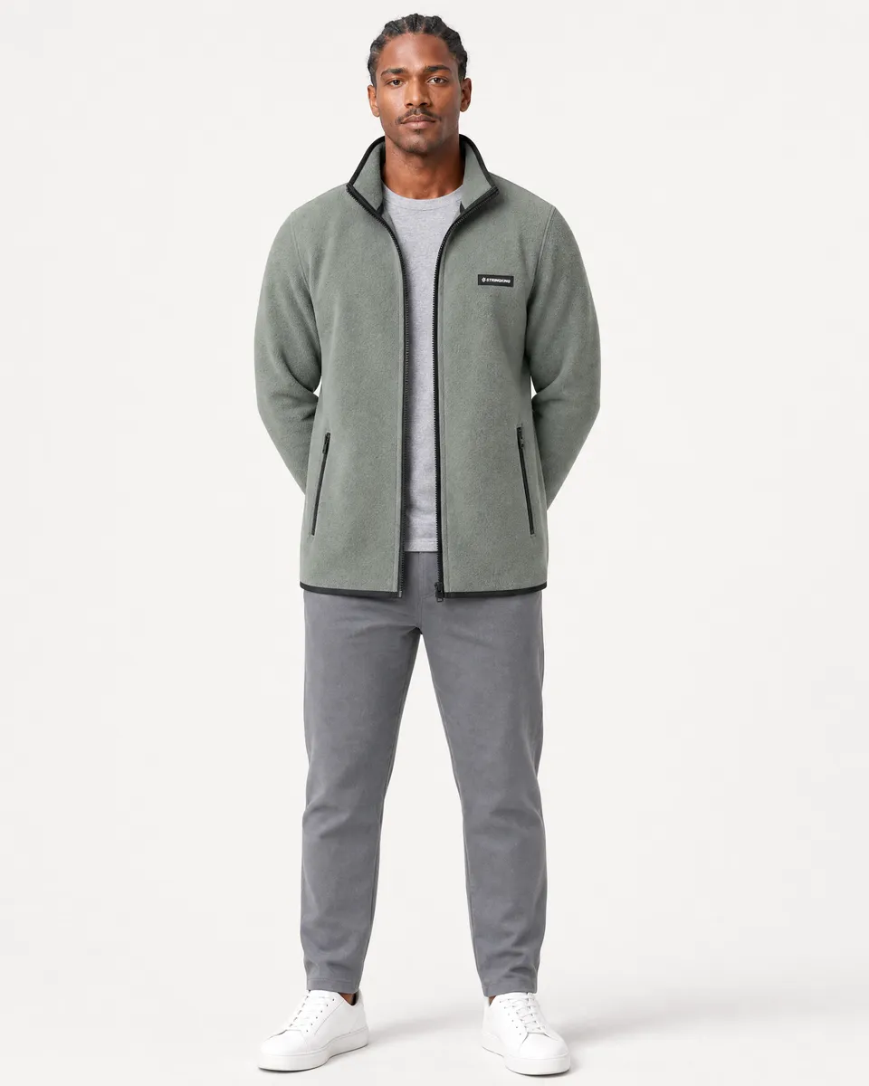 StringKing Men's Polartec Fleece Full Zip with Pockets - Sharp Fit, Avenue Green, Full Front - Human Model - Top of head to Knees