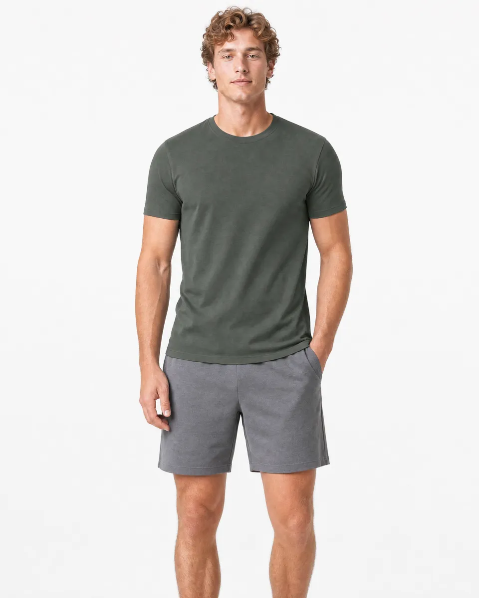 StringKing Men's Pima Jersey Tee - Sharp Fit, Moss, Full Front - Human Model - Top of head to Knees