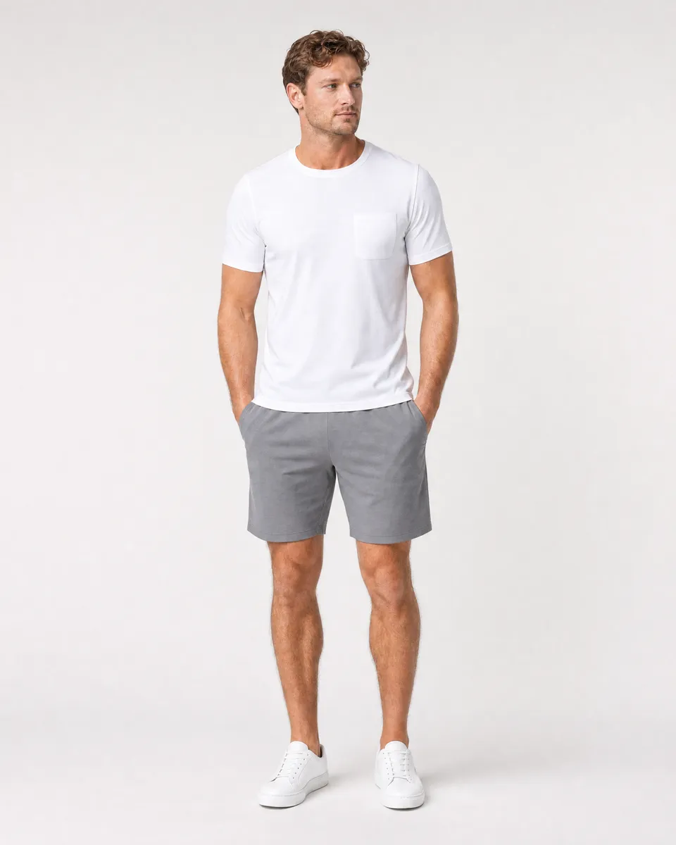 StringKing Men's Pima Jersey Pocket Tee - Sharp Fit, White, Full Front - Human Model - Top of head to Knees