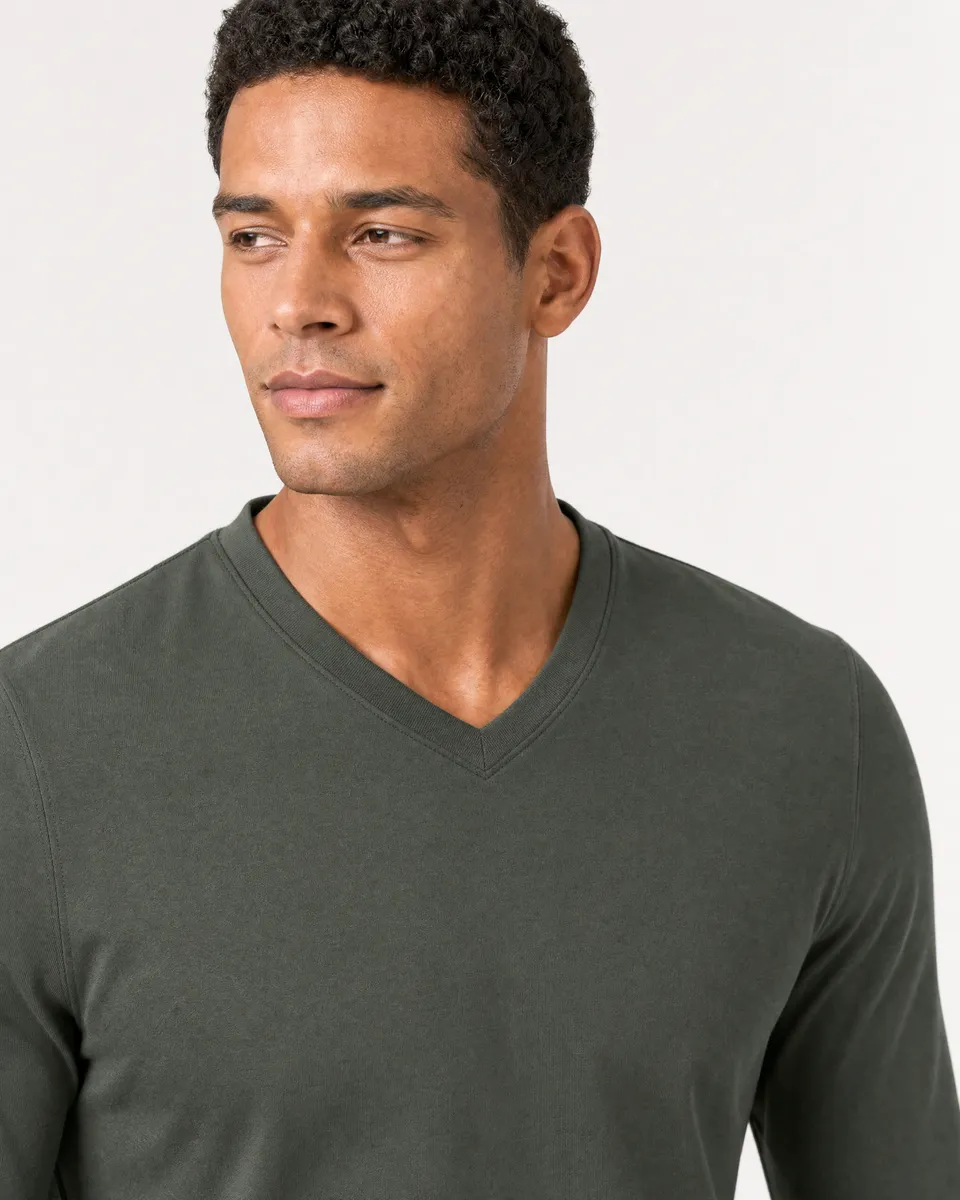 StringKing Men's Pima Terry Long Sleeve V-Neck Tee - Relaxed Fit, Moss, Collar Shoulder - Human Model