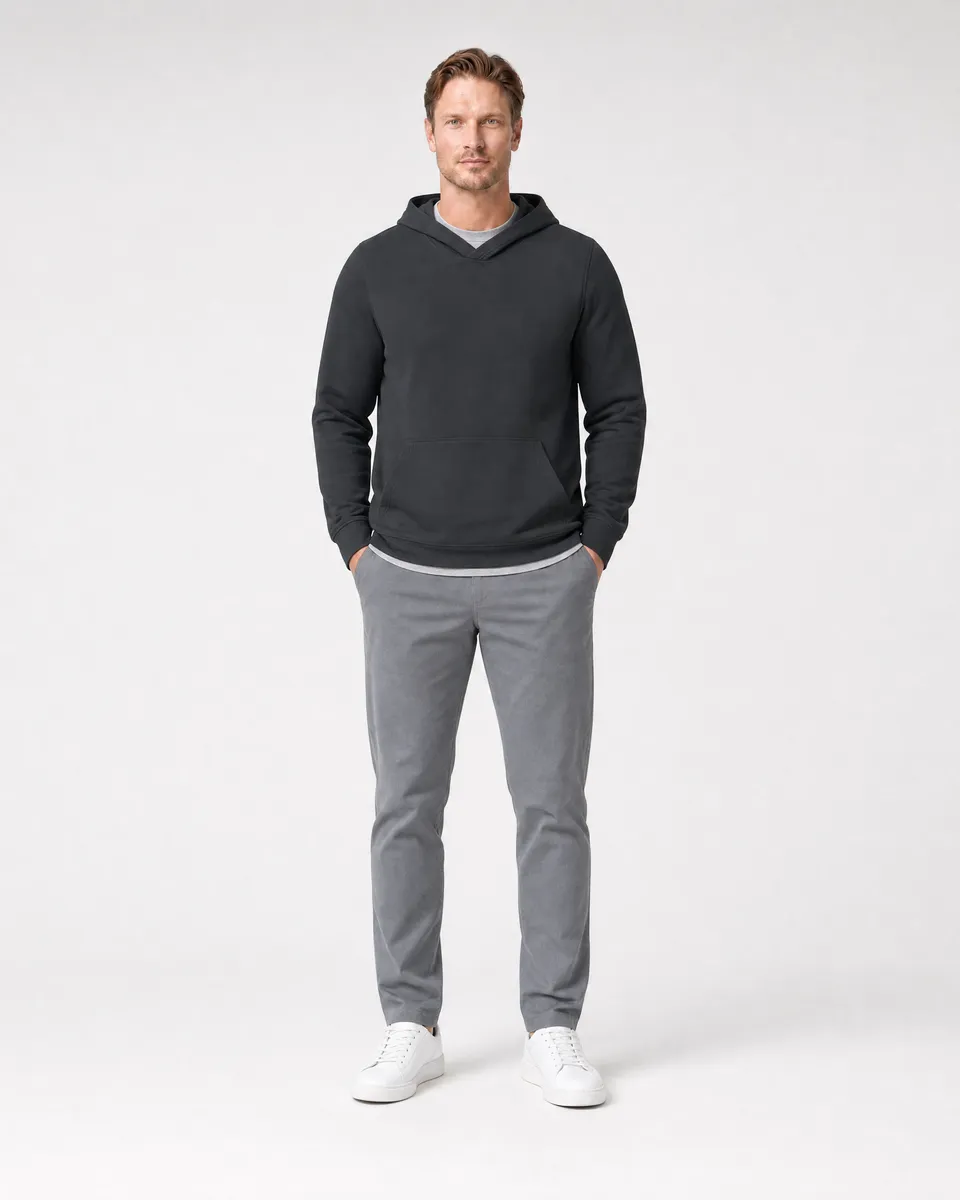 StringKing Men's StayWarm Hoodie - Relaxed Fit, Black, Full Front - Human Model
