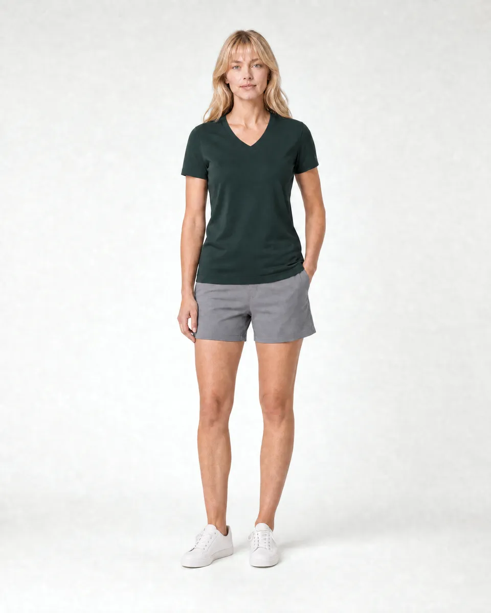 StringKing Women's Pima Terry V-Neck Tee - Sharp Fit, Pine Grove, Full Front - Human Model