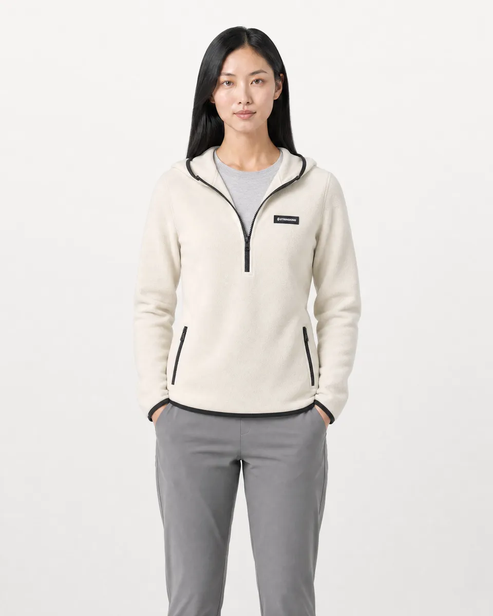 StringKing Women's Polartec Fleece Quarter Zip Hoodie with Pockets - Sharp Fit, Jet Stream, Full Front - Human Model - Top of head to Knees
