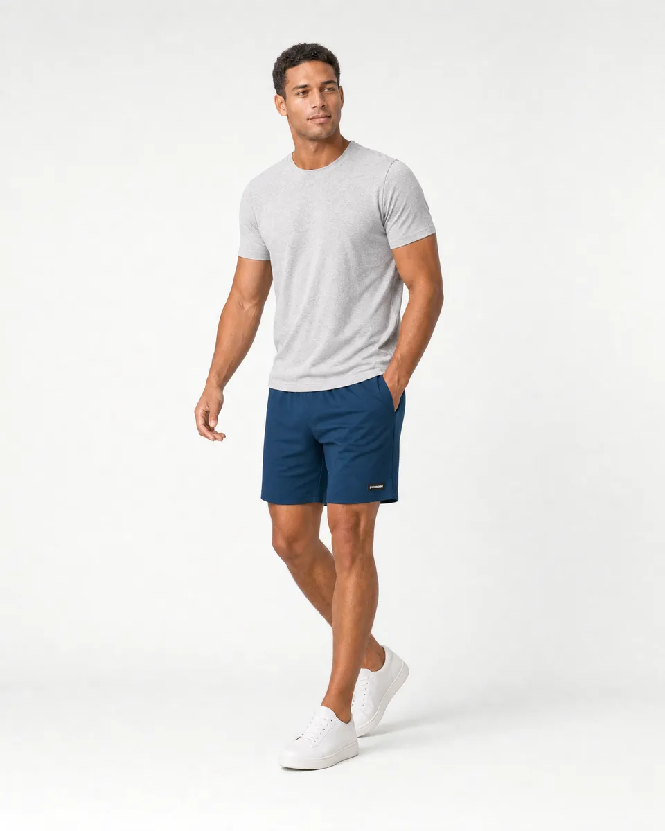 StringKing Men's StayWarm Shorts - Relaxed Fit, Navy Blue, Full Front Angle - Human Model