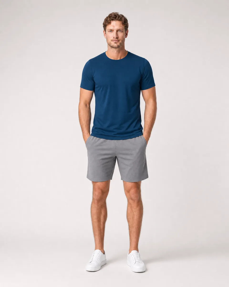 StringKing Men's StayWarm Tee - Sharp Fit, Navy Blue, Full Front - Human Model - Top of head to Knees