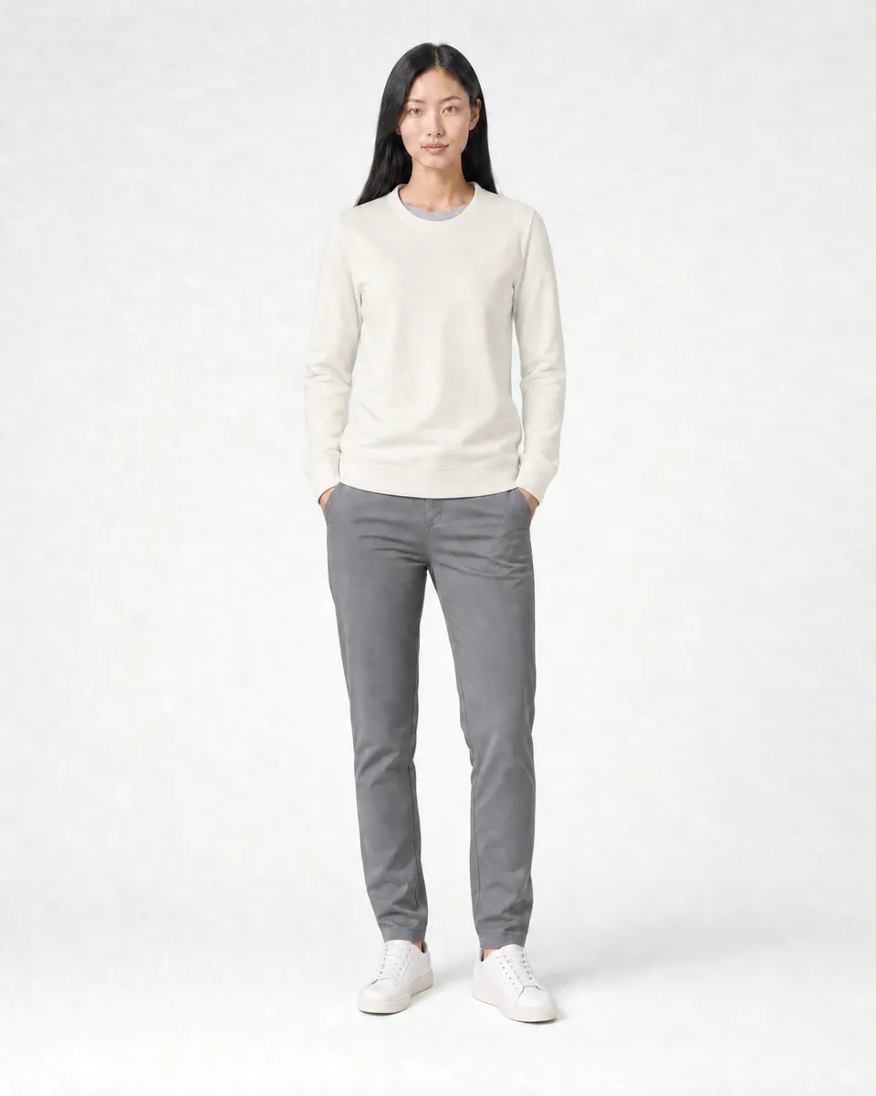 StringKing Women's Pima Terry Crew Sweater - Sharp Fit, Tofu, Full Front - Human Model