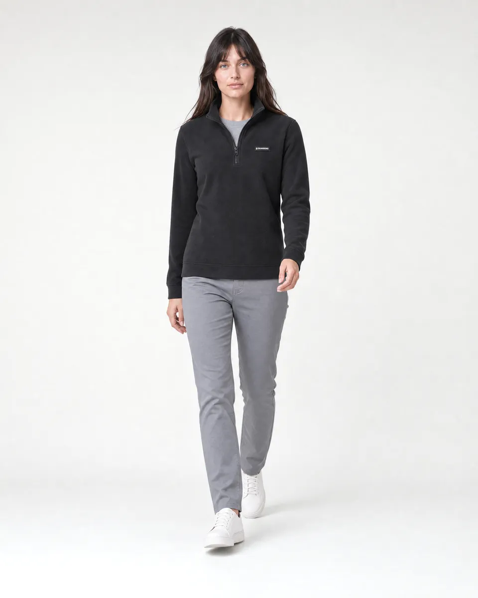 StringKing Women's Polartec Fleece Quarter Zip - Sharp Fit, Meteorite, Full Front Angle - Human Model