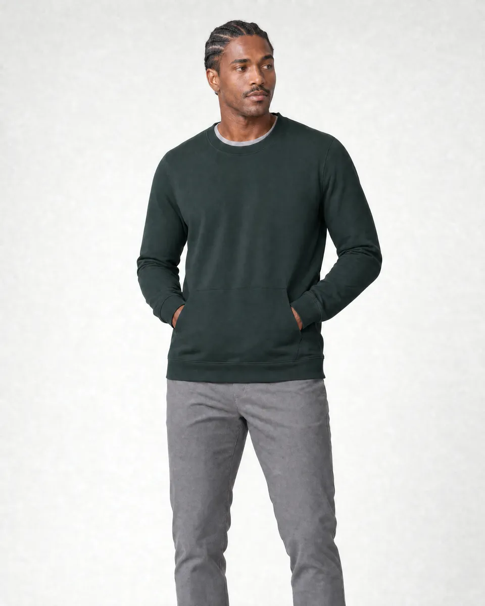 StringKing Men's Pima Terry Crew Sweatshirt - Sharp Fit, Pine Grove, Full Front - Human Model - Top of head to Knees