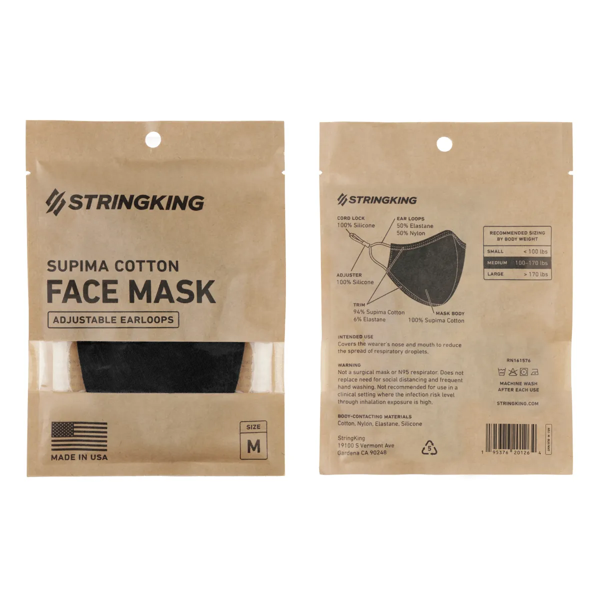 StringKing Cloth Face Mask - Adjustable, Single, Medium, Black, Front, Back