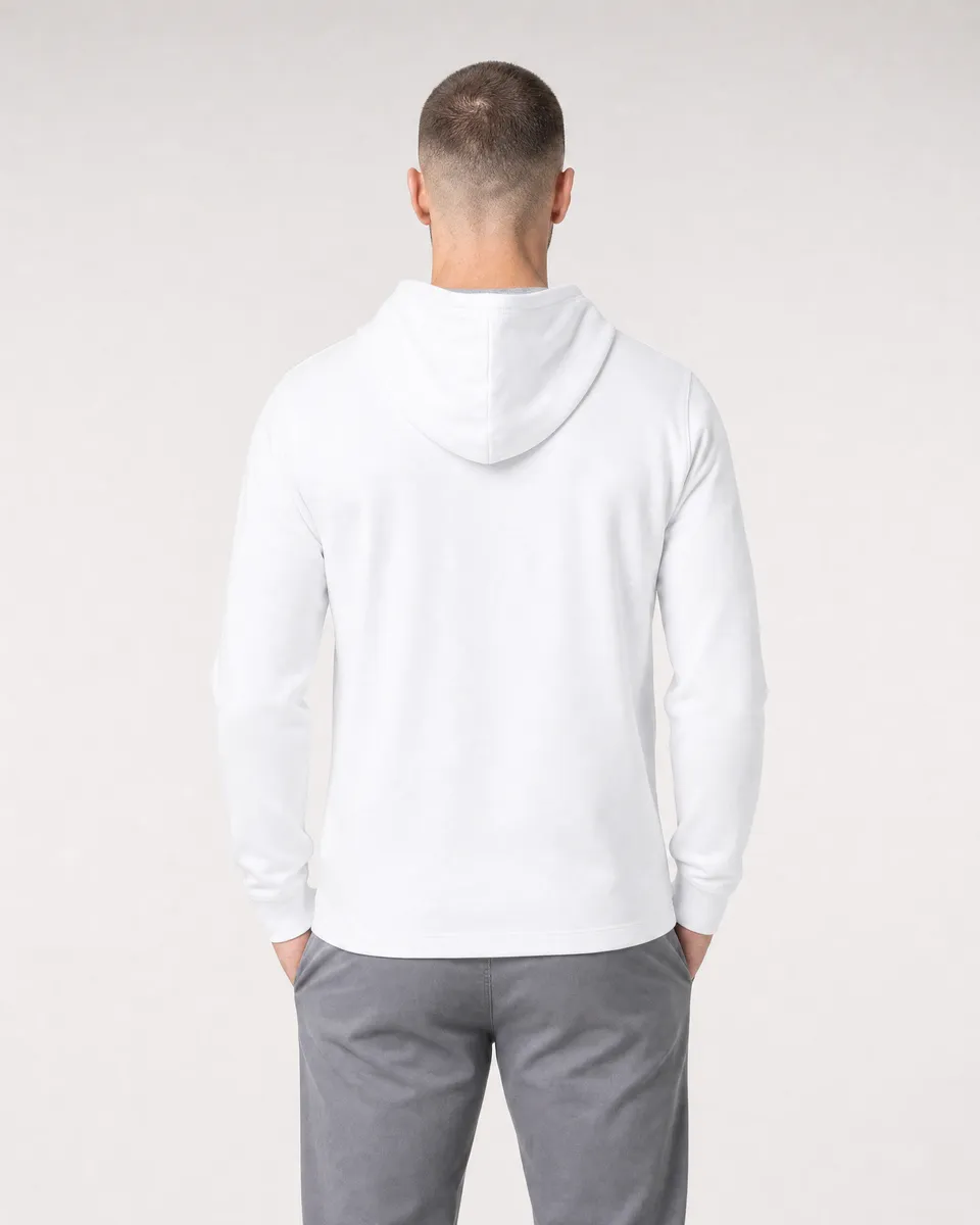 StringKing Men's Pima Jersey Hoodie - Sharp Fit, White, Full Back - Human Model - Top of head to Mid-thigh