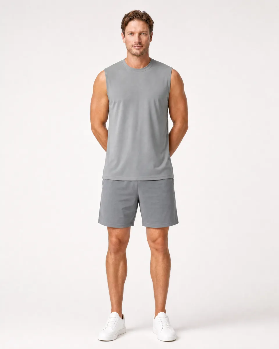 StringKing Men's StayCool Tank Top - Relaxed Fit, Gray, Full Front - Human Model - Top of head to Knees