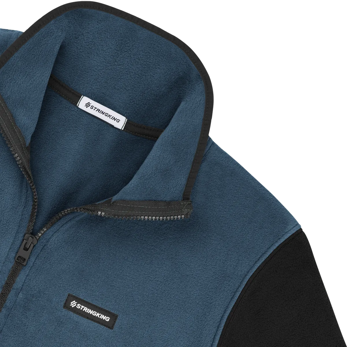 StringKing Men's Polartec Half Zip - Sharp Fit, Indian Teal Top, Avenue Green Bottom, Meteorite Sleeves, Black Trim, Detail