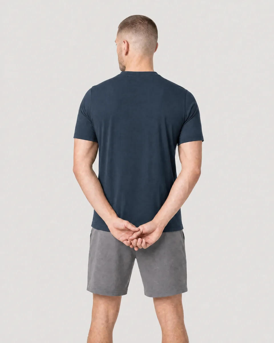 StringKing Men's Pima Jersey Short Sleeve Henley - Sharp Fit, Navy, Full Back - Human Model - Top of head to Mid-thigh