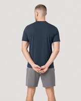 StringKing Men's Pima Jersey Short Sleeve Henley - Sharp Fit, Navy, Full Back - Human Model - Top of head to Mid-thigh