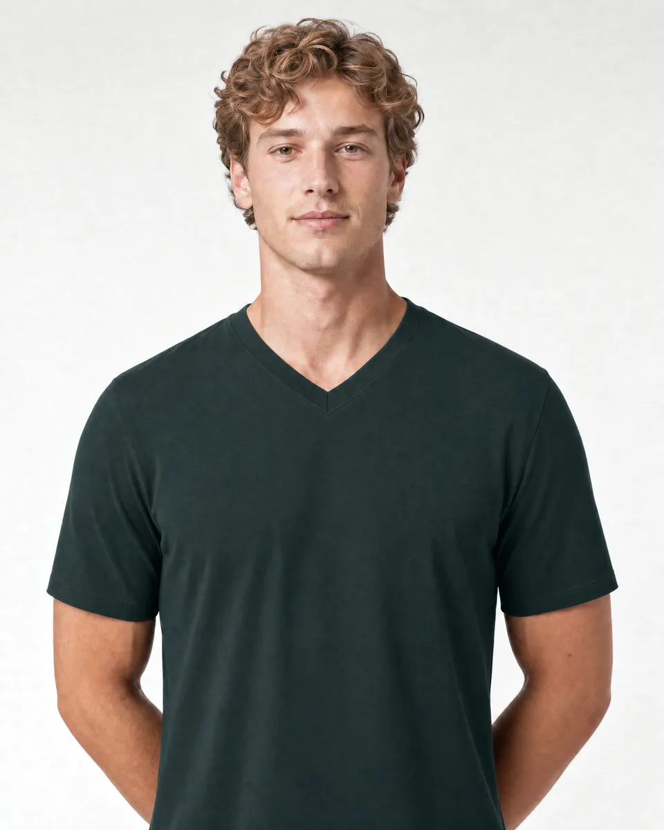 StringKing Men's Pima Terry V-Neck Tee - Sharp Fit, Pine Grove, Collar Shoulder - Human Model