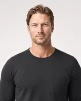 StringKing Men's Pima Jersey Long Sleeve Pocket Tee - Sharp Fit, Black, Collar Shoulder - Human Model