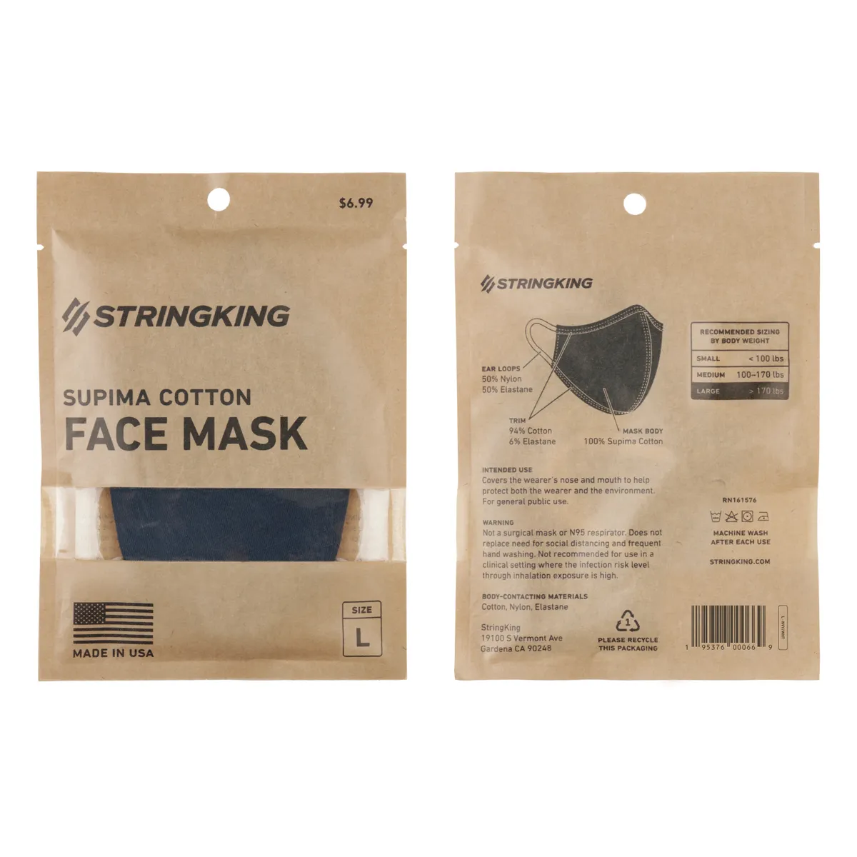 StringKing Cloth Face Mask - Standard, Single, Large, Navy, Front, Back
