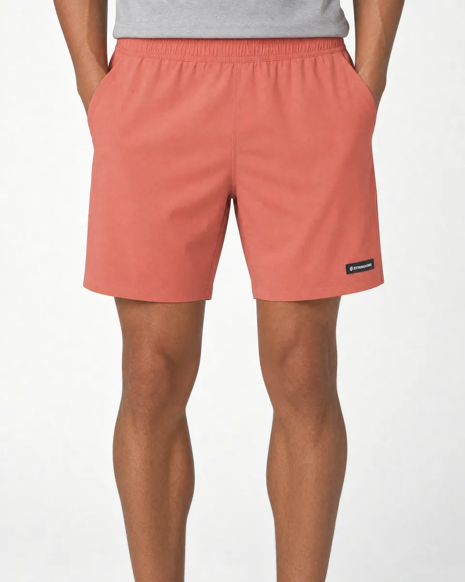 StringKing Men's Nylon Flex Game Shorts - Sharp Fit, Crabapple, Full Front - Human Model - Waist to Mid-calf