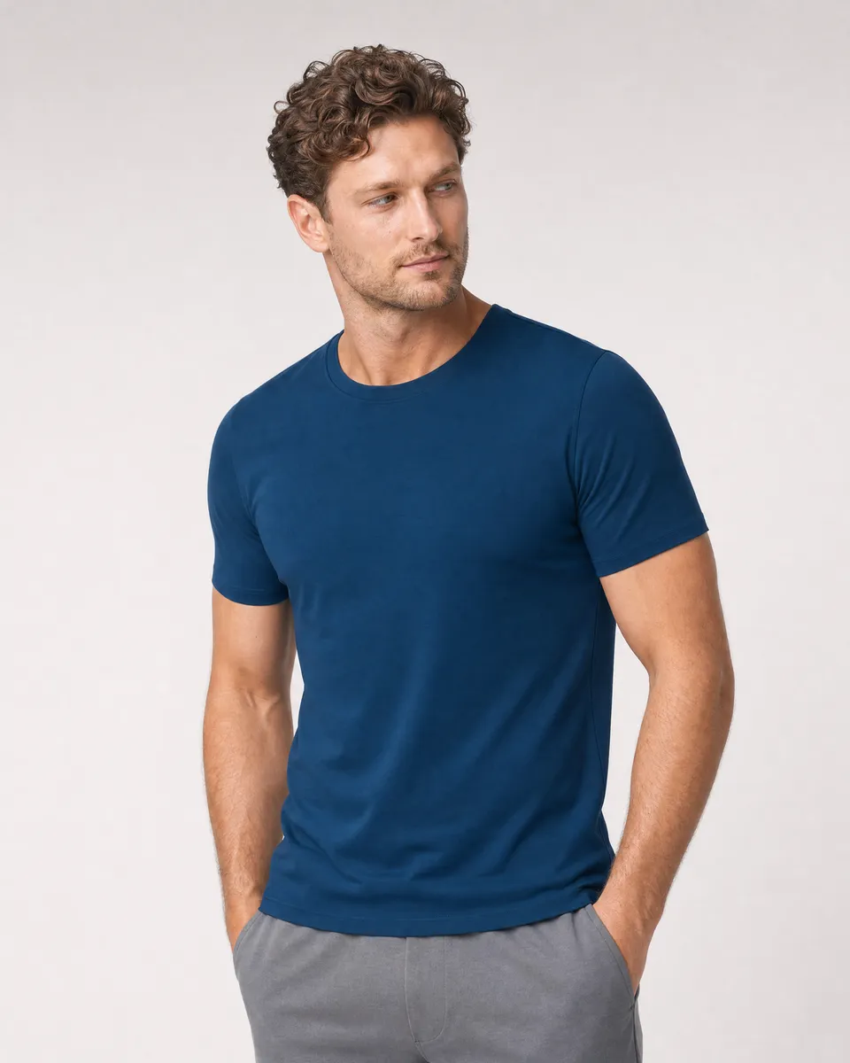 StringKing Men's StayWarm Tee - Sharp Fit, Navy Blue, Collar Shoulder - Human Model