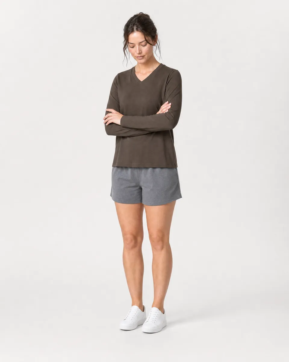 StringKing Women's Pima Jersey Long Sleeve V-Neck Tee - Relaxed Fit, Wren, Full Front Angle - Human Model